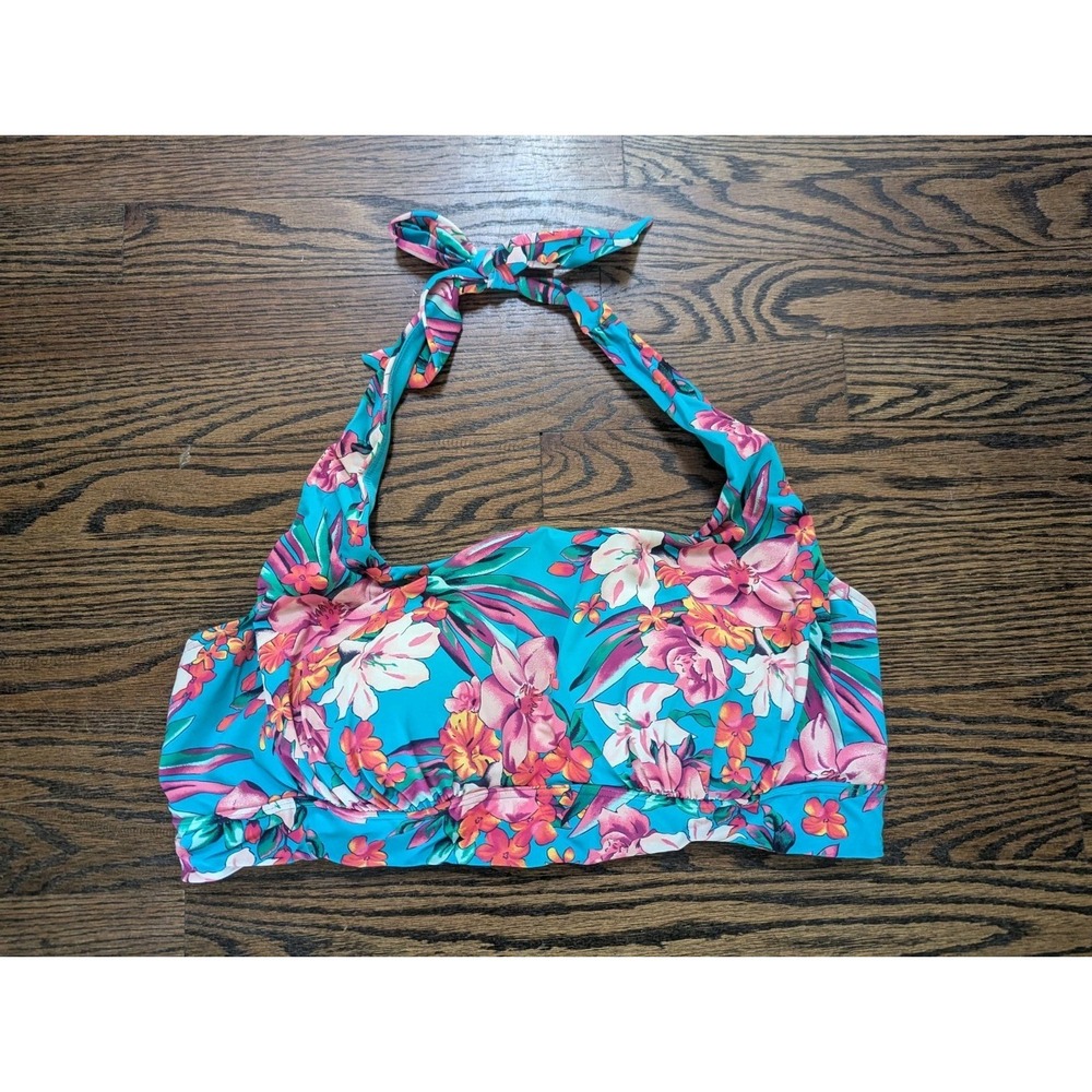 Lands' End Size 1X 16-18W Tropical FloralBikini Swim Top Halter Lined Padded Bra